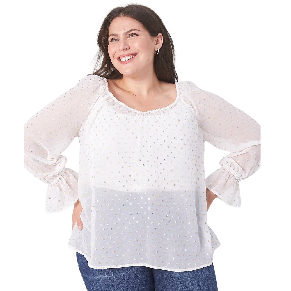 Lane Bryant White Gold Foil Polka Dot Peasant Blouse Plus Size‎ 18/20 NWT Sheer